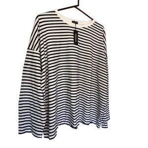 NWT Boohoo Striped Black & White Top Relaxed Fit UK 16 US 12 100% Cotton Comfy